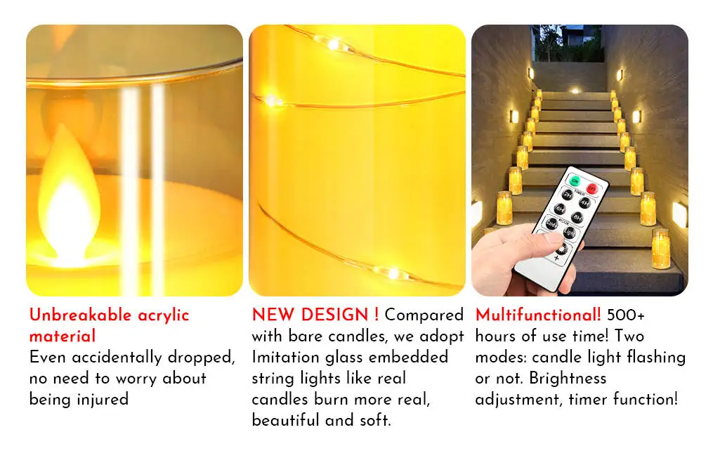 Flickering Flameless Candles Builtin Star String Lights Acrylic