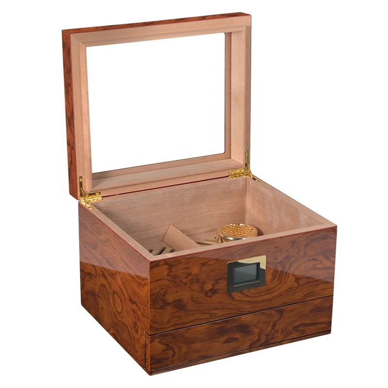 High Quality Glass Top Custom Logo Handcrafted Cigar Humidor Wood Storage Box with Divider and Front Digital Hygrometer