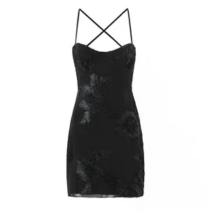 European and American New Style Women's Three-dimensional Flower Woven Sweet Sexy Summer A-Line Sleeveless Black Elegant Dress