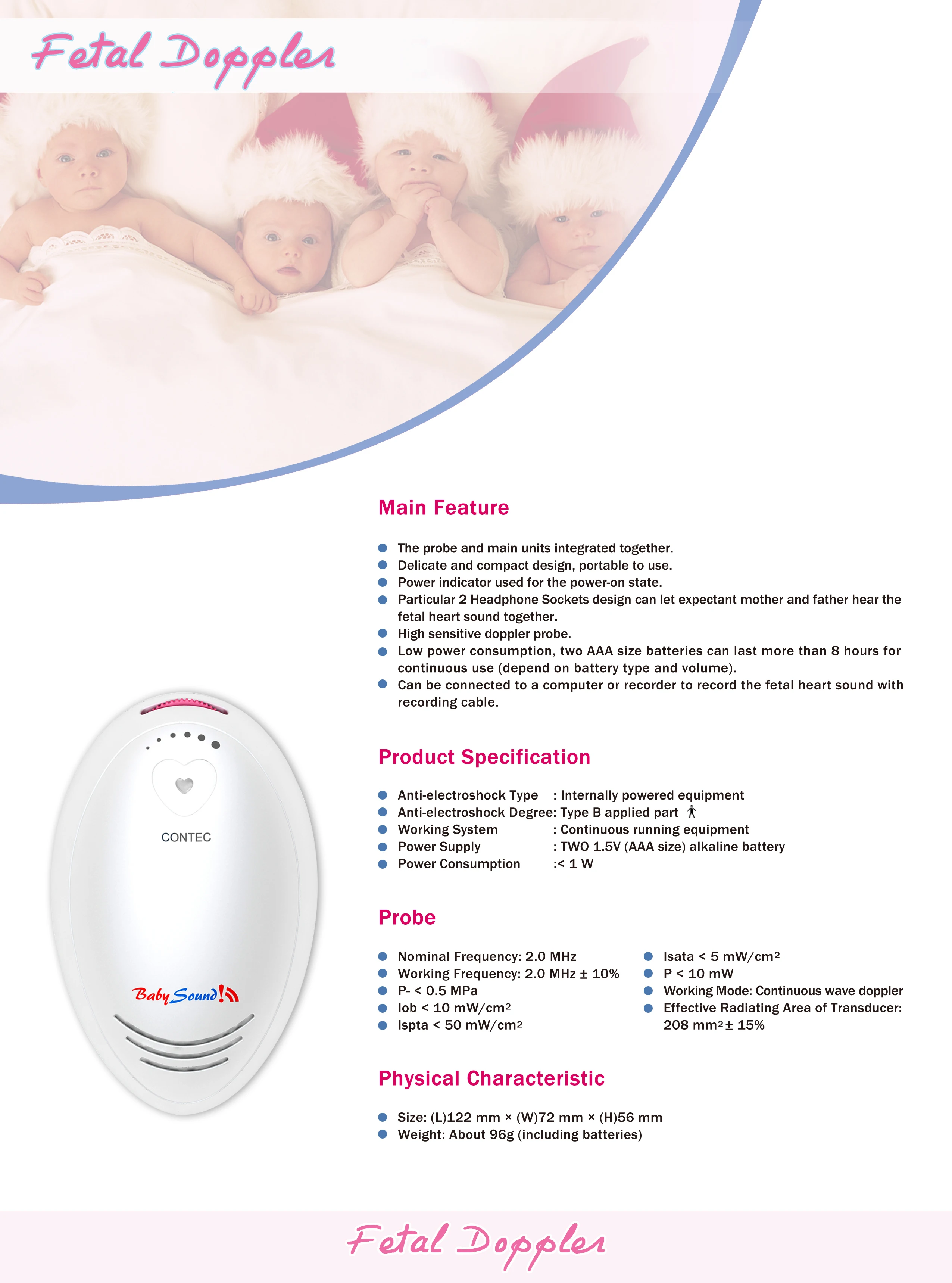CONTEC Fetal Doppler Portable Detector Maternal Fetal Heart Rate Monitor