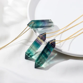 Healing Gem Stone Natural Rainbow Fluorite Crystal Quartz Carved Hexagon Point Pendant Necklace For Women Jewelry