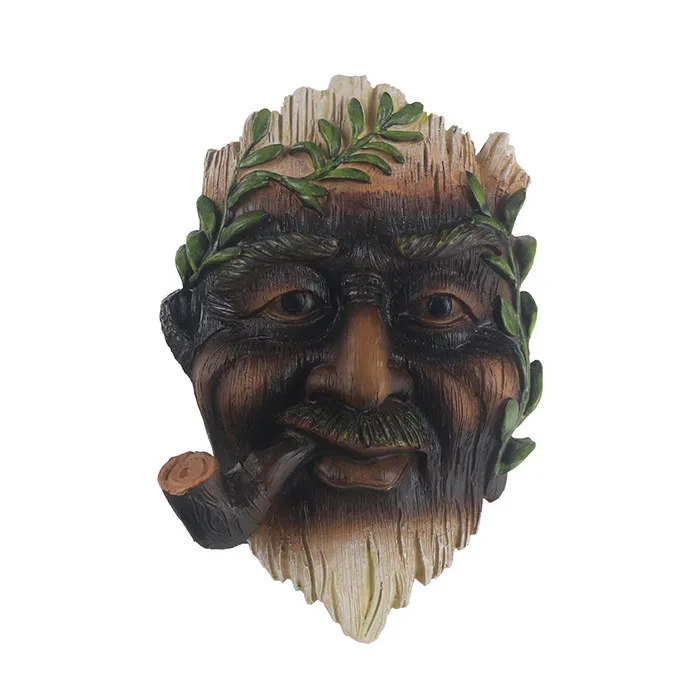 Tree Face Hand-painted Outdoor Old Man Tree Hugger Sculpture with a Tobacco Pipe in Mouth for Yard Decorations and Home Decor