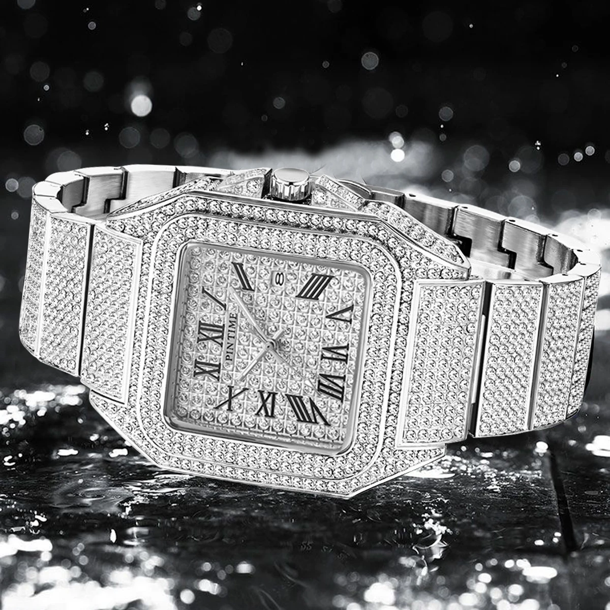 Luxury Rhinestone Unique Quartz Watch Mens Classic Golden Square Case Full Diamond Creative Fashion Waterproof Watch AAA Clock