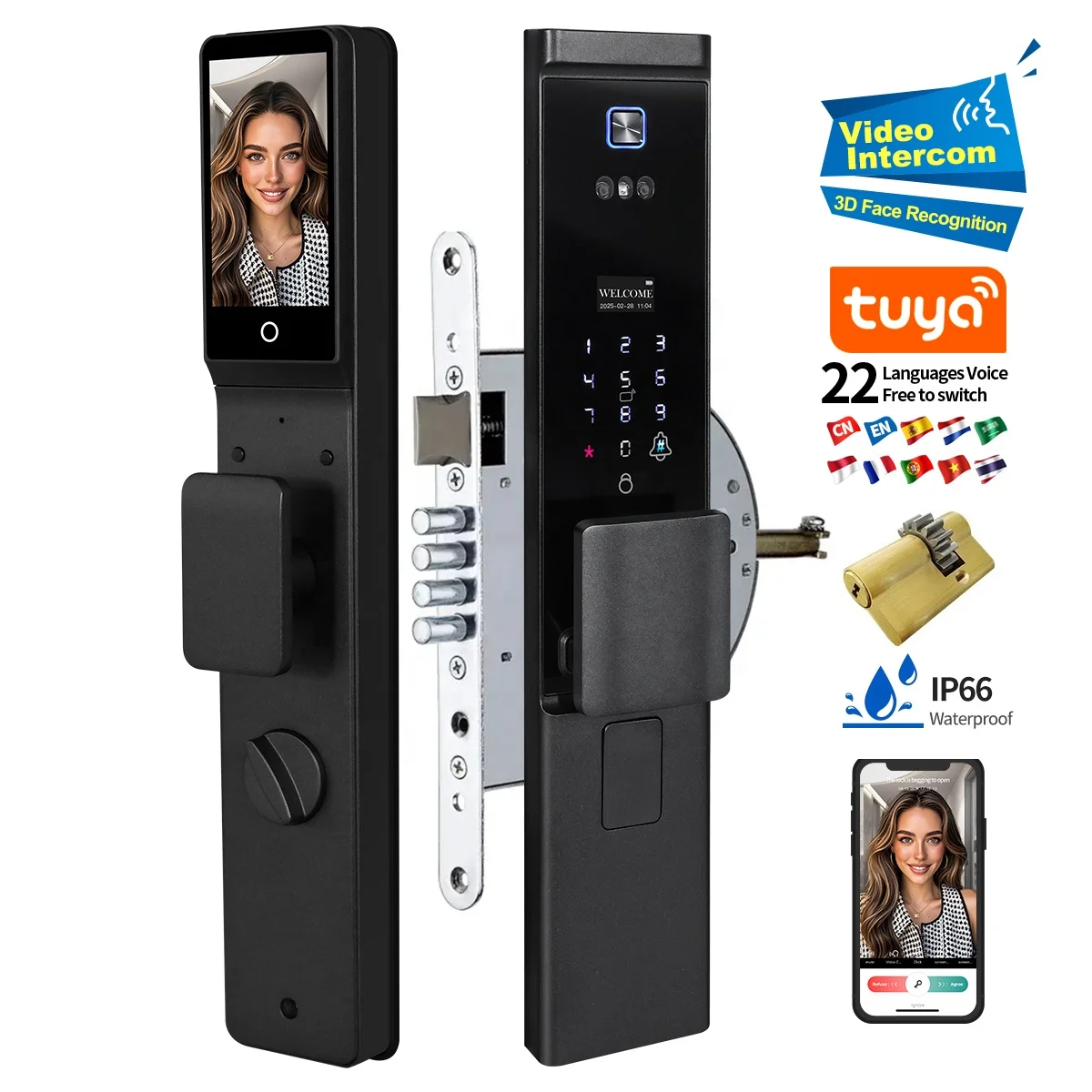 Waterproof Tuya APP Electronic Digital Locks 3D Face Recognition Biometric Fingerprint Smart Door Lock With Israel 6085 Mortise W8