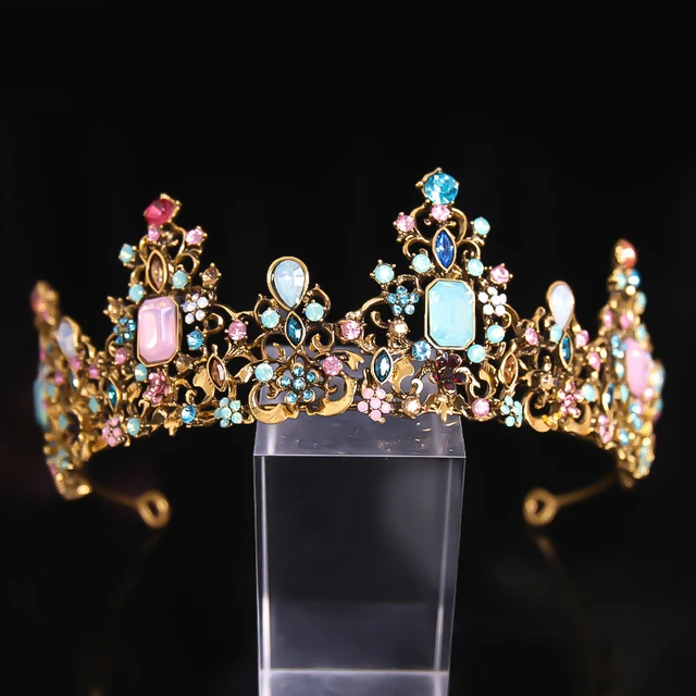 European Colorful Golden Alloy Crystal Crown Floral Diamond Hollow Metal Bridal Crowns Rhinestone Wedding Accessories for Bride