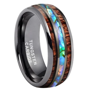 Coolstyle Jewelry 8mm Men Women Gunmetal Tungsten Ring Abalone Shell Koa Wood Inlay Fashion Jewelry Engagement Wedding Band