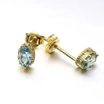 Latest Fashion Jewelry Shenzhen Women 9K Pure Gold Small Blue London Topaz Stud Earrings Gold