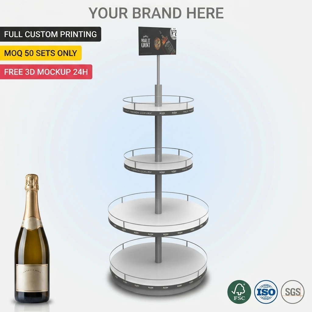Suporte de Exibição em Metal para Bares em Atacado — Rack para Balões, Copos de Vidro, Gim, Água Gaseificada e Refrigerantes, Prateleira Comercial com Cabeçalho Personalizado da Marca, Fabricação sob Encomenda (ODM)