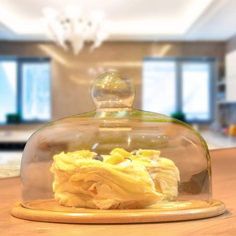 Creative Transparent Dustproof Cake Glass Cover Food Cover Cake Pan Glass Cover With Bamboo Tray