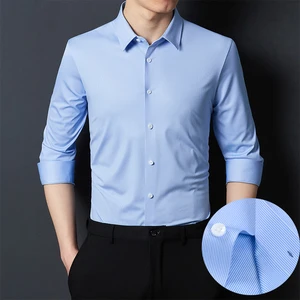 Four-sided High Elasticity Seamless Adhesive Wrinkle-free Men's Casual Long-sleeved Slim Fit Satin Smooth Eco-Friendly Striped