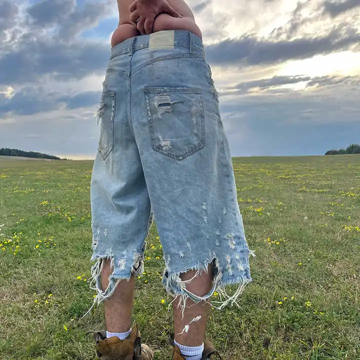 Salati Wholesale Hip Hop Custom Double Knee Damage Baggy Jean Jorts Hip Hop Ripped Vintage Heavy Denim Shorts Men gallery 4