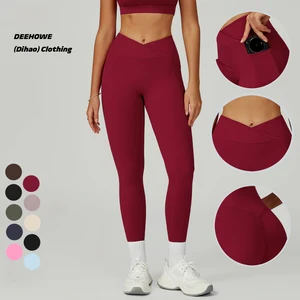 Women's High-Waisted Cross Waist Yoga Pants Side Pockets Butt-Lifting Leggings for Gym