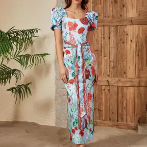 Fashion Luxury High Waist Slim Fit Lace-up Printed One-piece Swimsuit Conservative Chiffon Long Skirt Swimsuit 2-piece Set