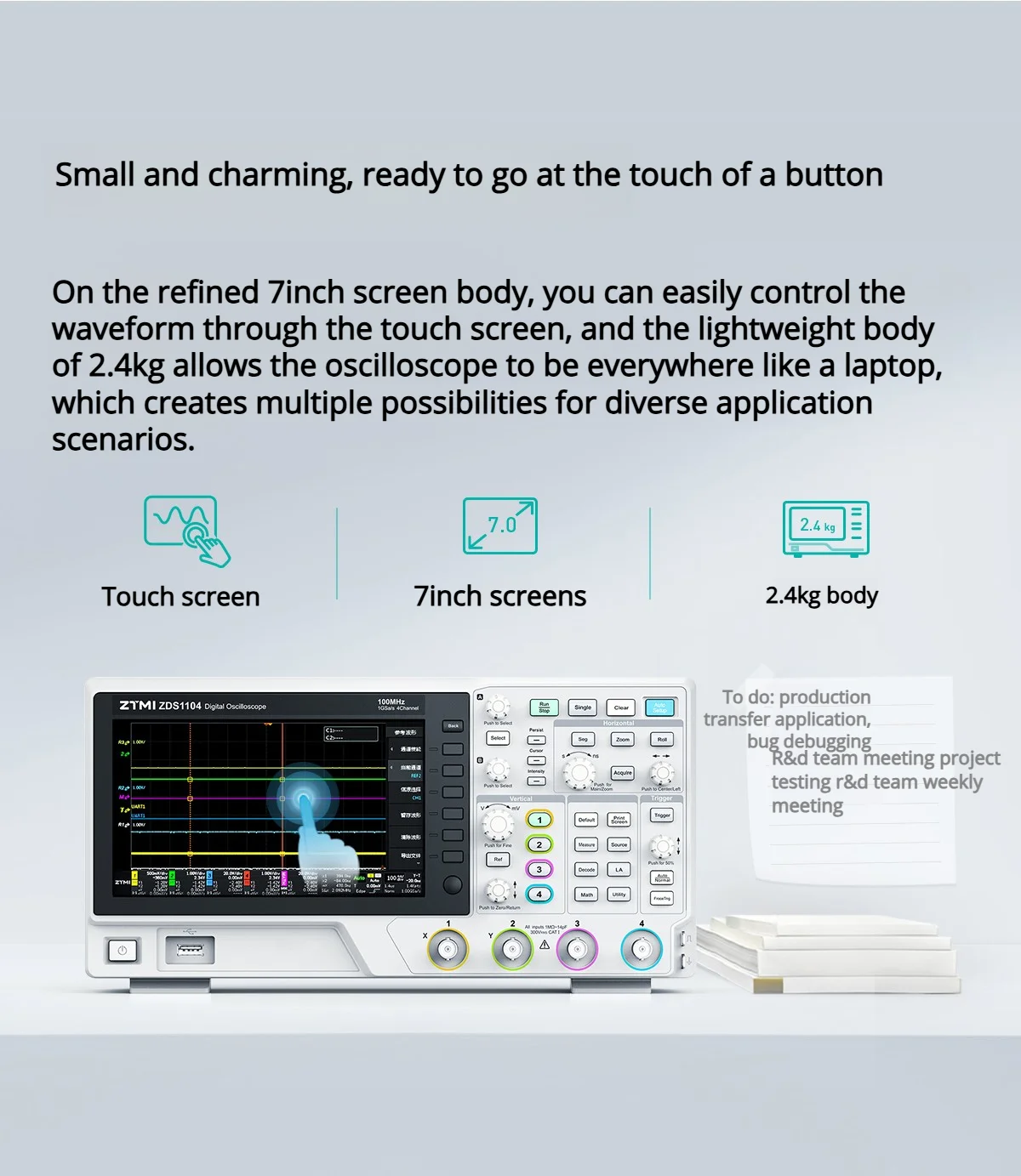 100MHz+1G Sampling Rate 7-inch Screen Portable 4-channel Digital Oscilloscope ZD