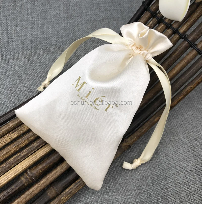 Custom Ivory/beige Satin Bags With Drawstrings Jewelry Bags