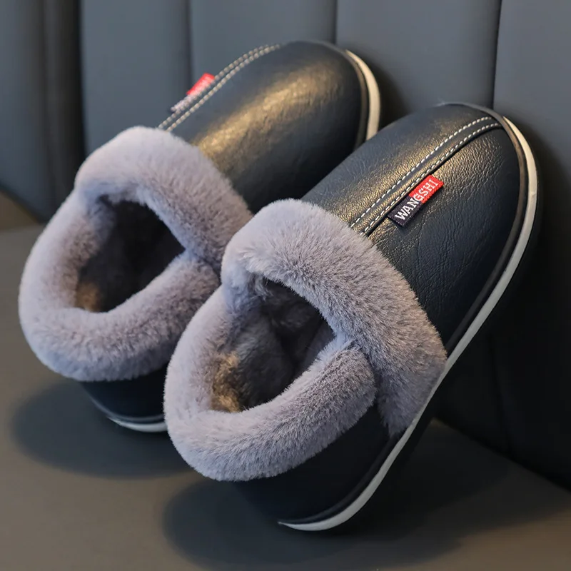 Симпатичные водонепроницаемые тапочки из искусственной кожи с мультипликационным рисунком, зимние детские тапочки на каблуке, хлопковые тапочки для маленьких мальчиков и девочек, теплая Нескользящая домашняя Уличная обувь