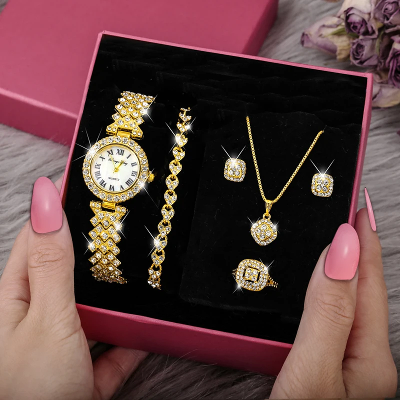 Fashion Luxury Full Crystal 5 Pcs Watch Set Diamond Necklace Earrings