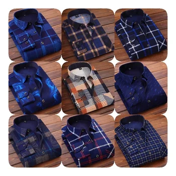 Factory High Quality Polyester Button Up Shirt For Men Fashion Mens Thick Warm Solid Color Long Sleeve Plaid Shirt Plus Size