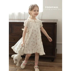 YOEHYAUL X4508 100% Cotton Summer Doll Collar Dress for Girls Custom Short Sleeve Floral Print Ruffled Baby Dress for Toddlers