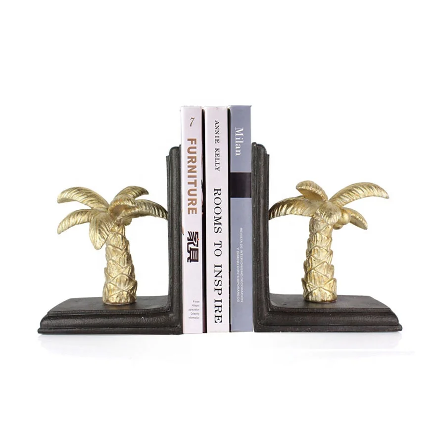 Modern Resin Bookend Coconut Tree Look Gold Leaf Home Accessories Gold Bookends Handmade Gold Plated Home Decor Sculpture 50 Set