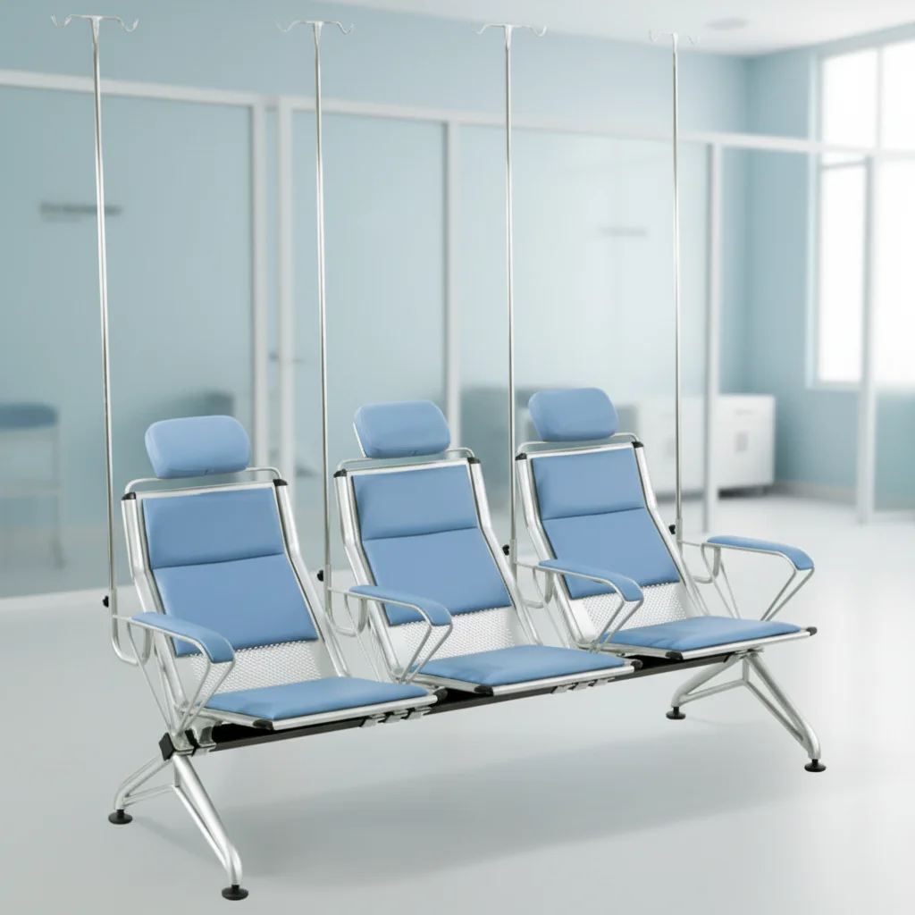 Modern Steel Hospital Waiting Room Three-Person Seating with IV Support Poles Durable & Eco-Friendly Commercial Furniture 3