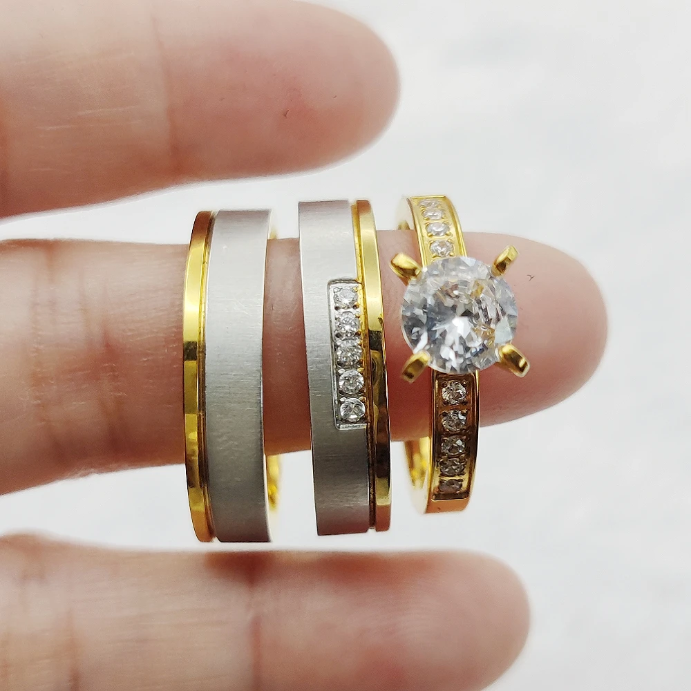 Eco Friendly Jewelry 3pcs Bridal Set Western Golden Titanium Rings
