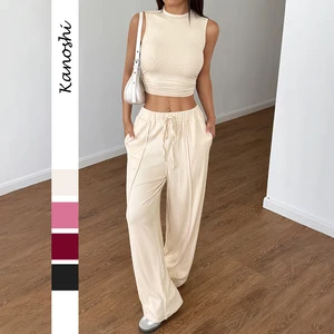 Summer 2 piece set women Casual Two Piece pants Set Sleeveless Tank Top Drawstring Long Pant Ladies casual outfit