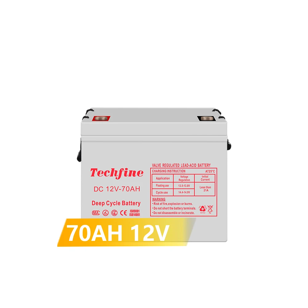 Deep Cycle Battery Rechargeable AGM Pure Lead Battery Techfine UPS Battery 12V 70AH  For Solar Power System