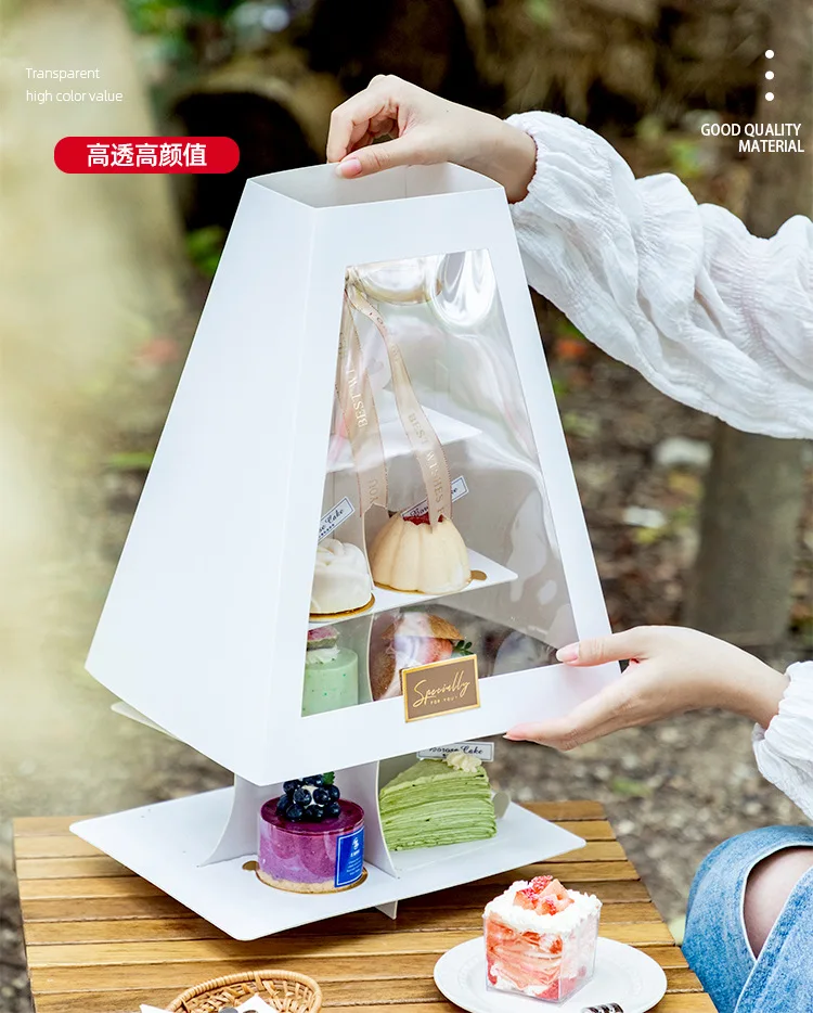 Customized White Food Recyclable Cake Box Multi Layer Trapezoid