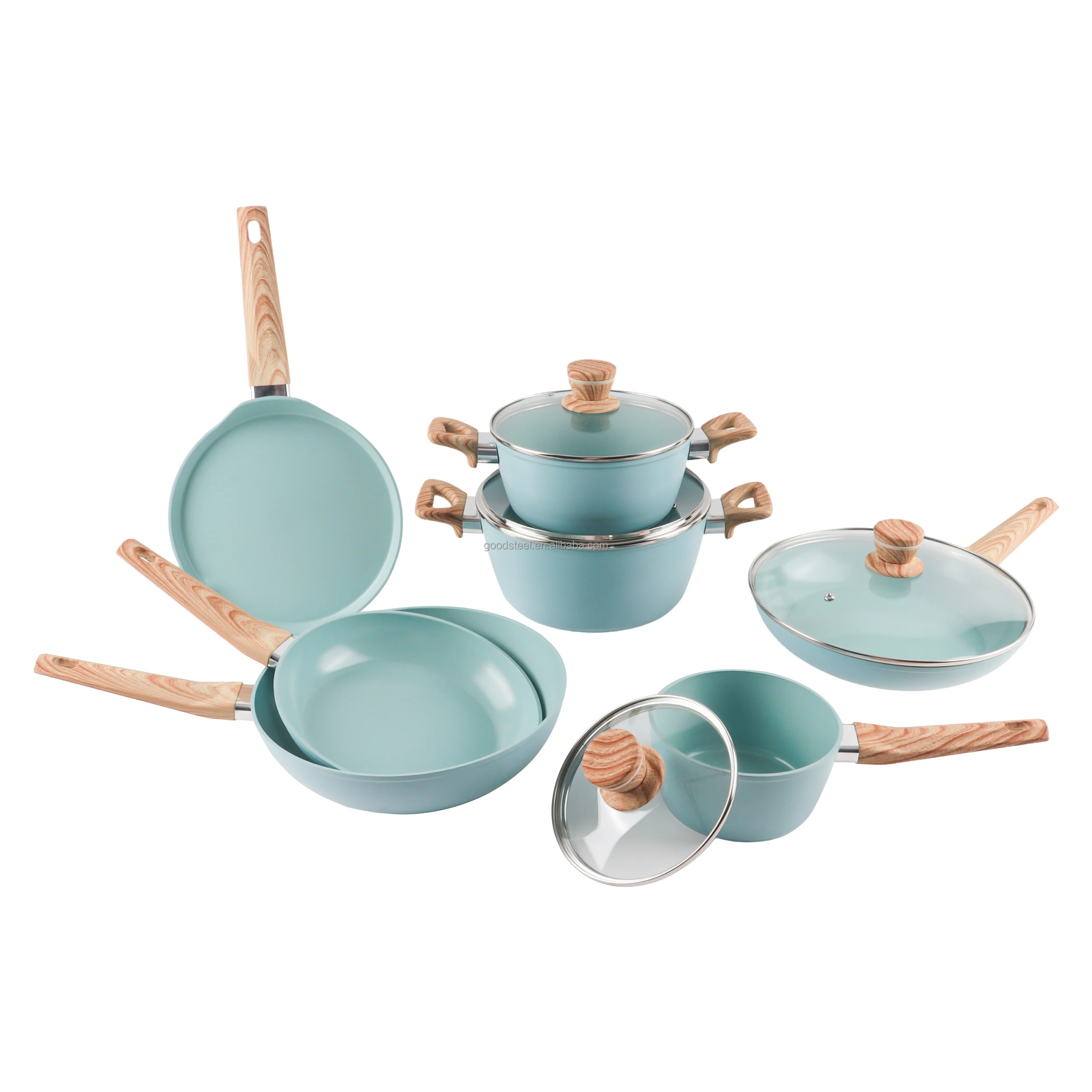 Ceramic Non-Stick Kitchen Cookware Set High Quality 11-Piece Forged Aluminum Induction Bottom Wooden Silicon Handles