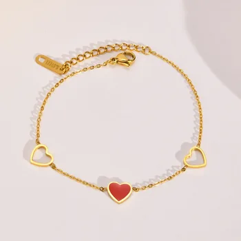 RFJEWEL Classic Delicate Trendy Simple Stainless steel Gold Planted O-chain Red Heart Bracelet