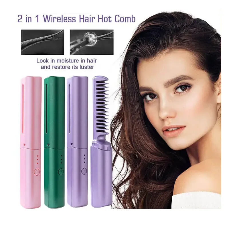2 in 1 Lazy Straightener Hair Hot Comb Portable Mini USB Rechargeable Hair Straightener Fast Heating Hair Styling Tools