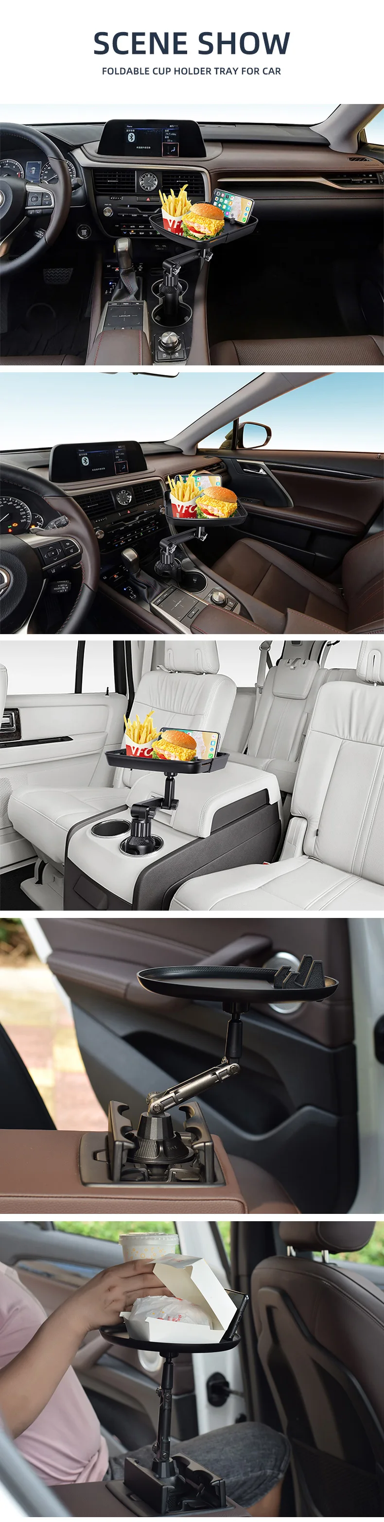 Car Mounted Cup Holder Tray 360 Degree Rotating Food Tray Adjustable