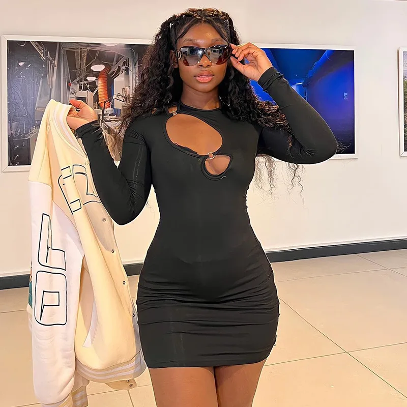Clothing Shop Cheap Discount Mature Women Long Sleeve Dress Stretch Sexy Blank Black Mini Dresses