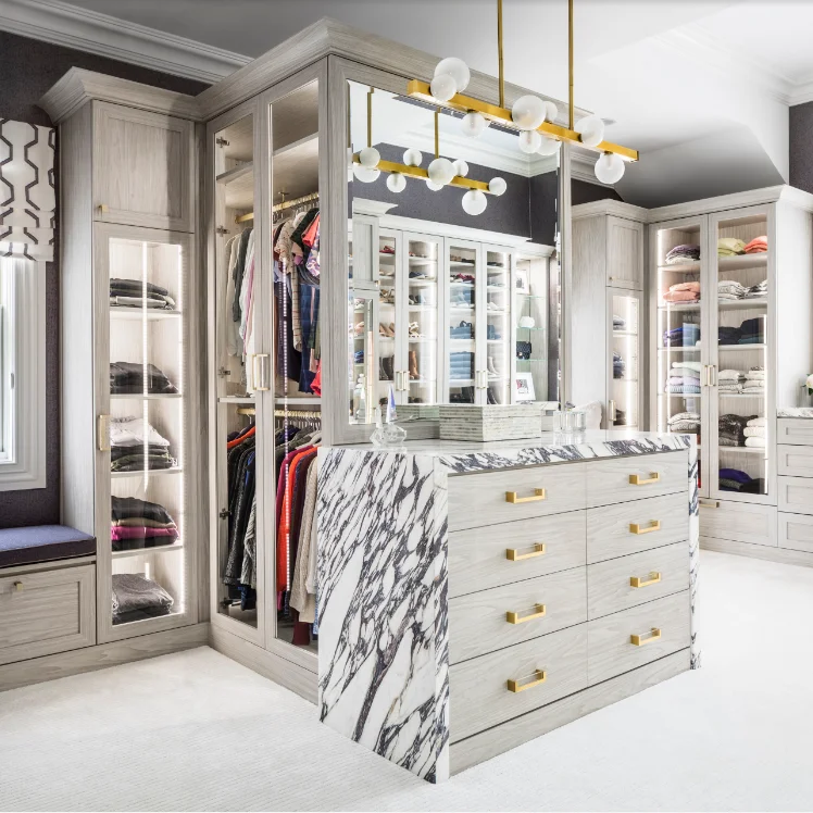 European style bedroom glass and wood door luxury walk in closet wardrobe with lighting