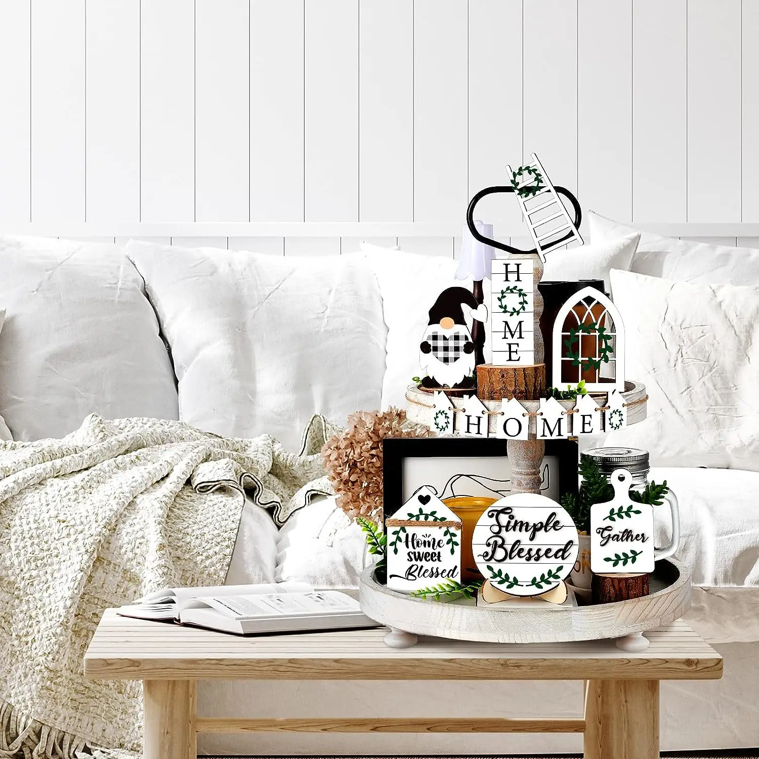 14 Pcs Farmhouse Tiered Tray Decor Black White Buffalo Plaid Farmhouse