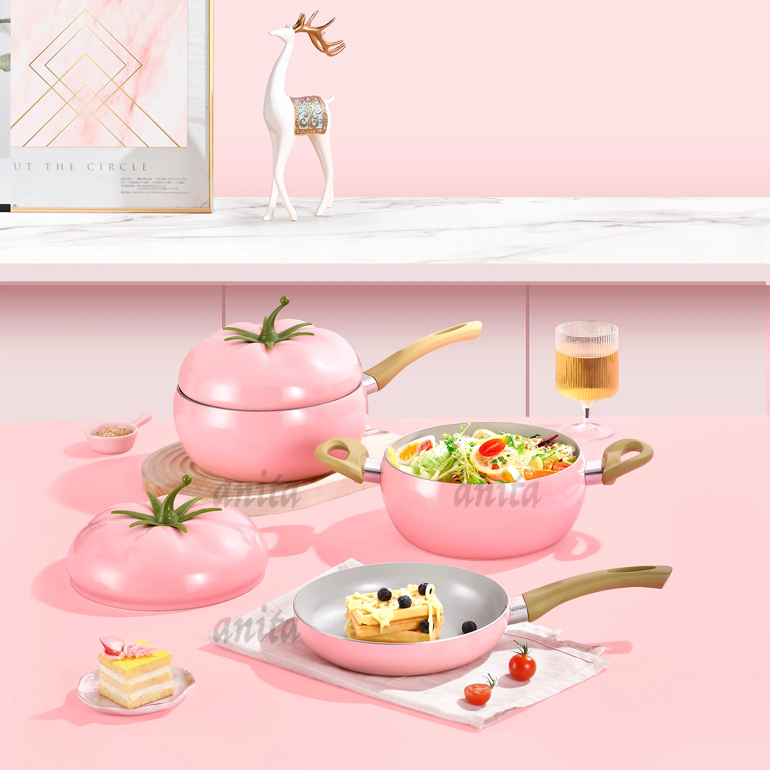 Pink Tomato-Shaped Aluminum Nonstick Cookware Set Multi-Function Kitchenware for Home Cooking Fruit Pot Included