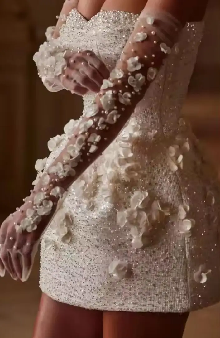2025 New Beaded Lace 3D Floral Embroidery Wedding Dress Strapless Sheath  Corset Mini Bridal Gown with Detachable Long Sleeves