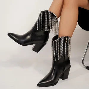 BUSY GIRL QLD29 Women's Short Boots New Slim Tassel Rhinestone Autumn and Winter High Heels Thick Heel Pointed Toe Short Boots