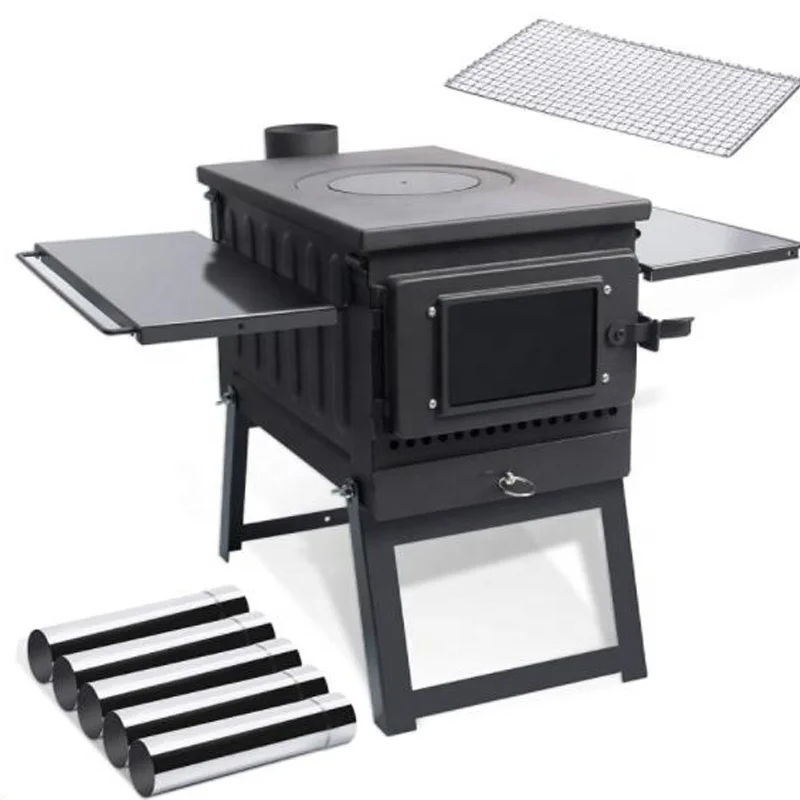 Camping firewood stove with chimney pipe wood burning barbecue tent heating stove