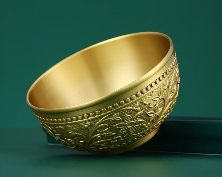 Vintage Gold Thickened Gilded Rice Bowl 5inch Brass Carved Rice Bowl