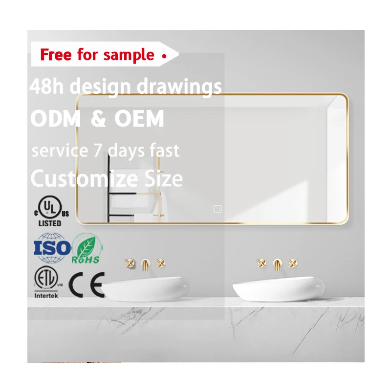 3 Color Lights Custom Rectangular Frame Led Bathroom Mirror Smart Touch Screen Vanity Wall Makeup Cosmetic Mirror
