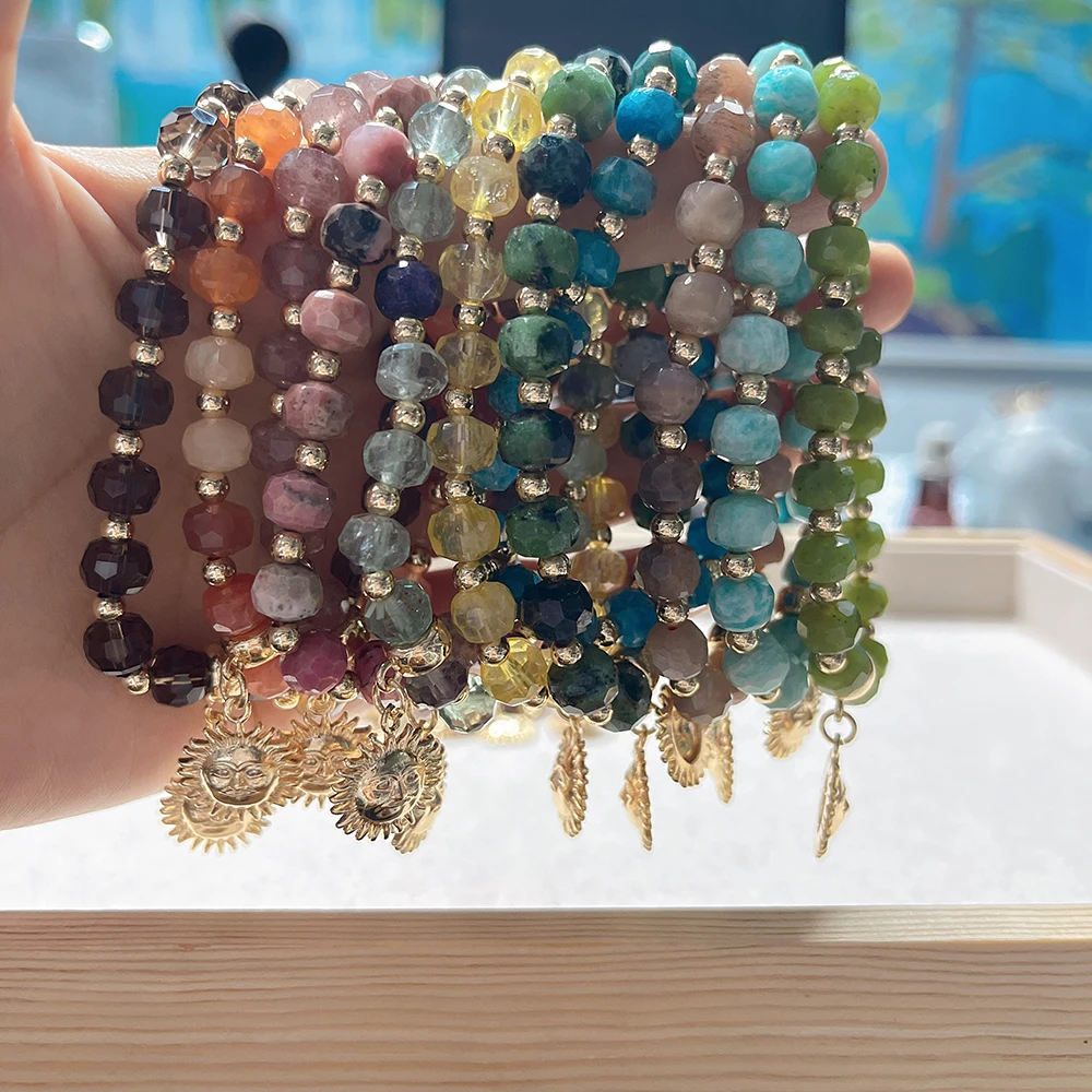 Natural Gemstone Beads Bracelet Gold Sun Charm Bracelet for Women