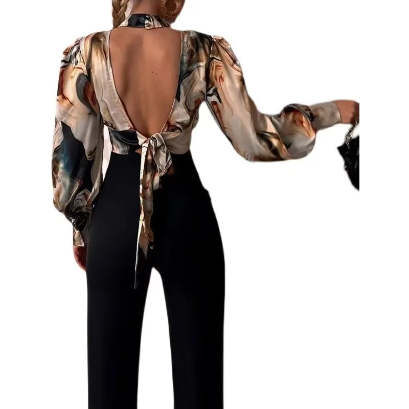 Luxury Backless Tie on Back Stand Collar Full Sleeves Slit Sex Blouse Shirt for Women