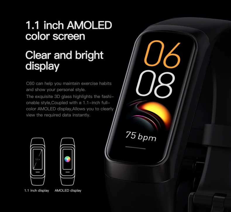 Cheap AMOLED Smart Bracelet C60 Heart Rate Blood Pressure Oxygen Body Temperature Call Message Reminder C60 Smart Band