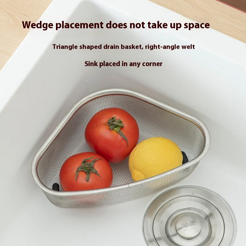 Stainless Steel Kitchen Sink Basin Triangle Dish with Filter Drain Basket for Leftovers Garbage Residue Storage Metal Material