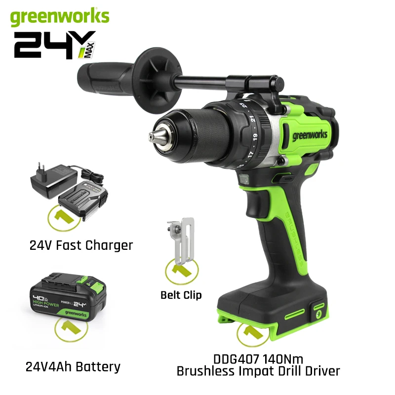 Greenworks 24V borstelloze accuboormachine met 1/2" metalen boorkop, 800 inch-lbs koppel, 21 koppelstanden en 4Ah accu._voghion.com
