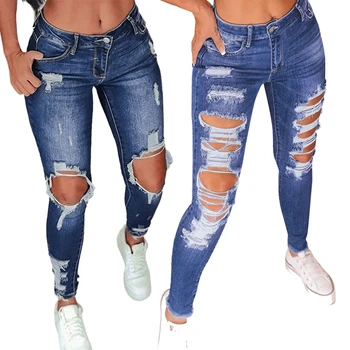 Wholesale Hot Sale Blue Woman Distressed Pocketed Skinny Denim Ripped Jeans