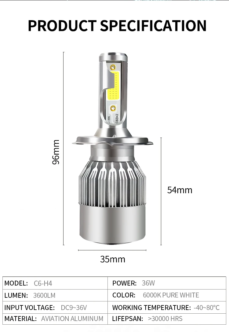 Car Auto Light C6 Led Headlight H1 H3 H7 H4 H11 9005 9006 Led Headlight 36w 72w Led Headlight