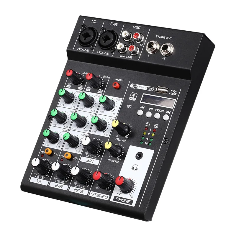 DishyKooker Sound Mixing Console with BT Record 4 Channels Audio Mixer for Stage Performance Family K Songs Black U.S Plug Practical Electronic Product 